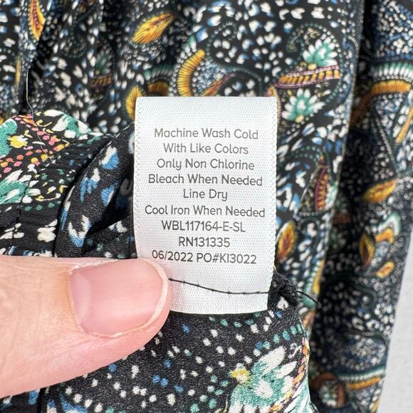 Evereve Charlie Neck Tie Teal Multicolor Printed Long Sleeve Chiffon Blouse - Picture 12 of 12